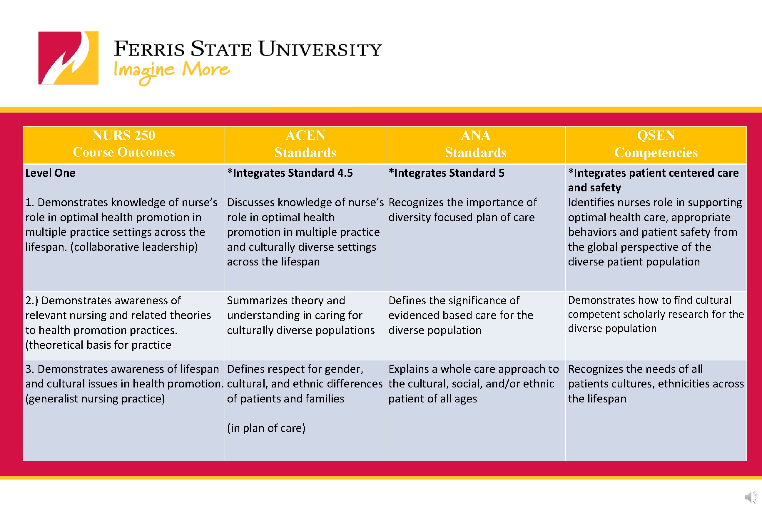NURS 250 Course Outcomes ACEN Standards ANA Standards *Integrates Standard 5 QSEN Competencies Level NURS 250 Course Outcomes ACEN Standards ANA Standards *Integrates Standard 5 QSEN Competencies Level