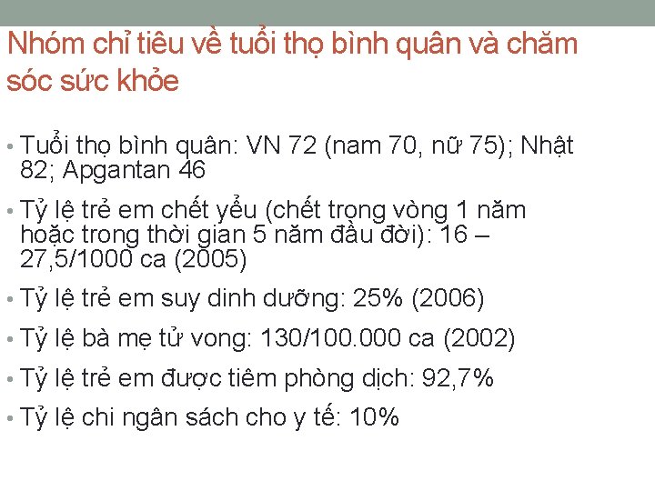 Nhóm chỉ tiêu về tuổi thọ bình quân và chăm sóc sức khỏe •