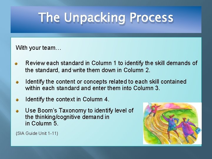 The Unpacking Process With your team… Review each standard in Column 1 to identify