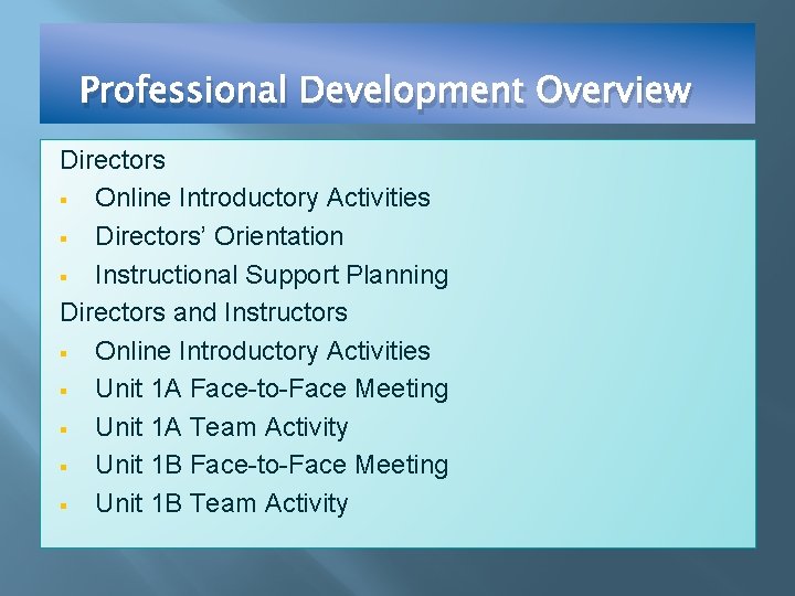 Professional Development Overview Directors § Online Introductory Activities § Directors’ Orientation § Instructional Support