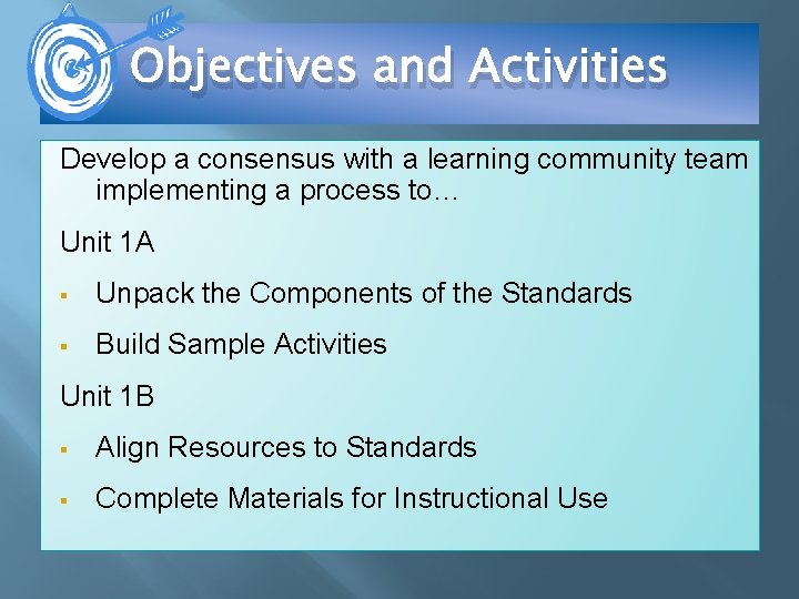 Objectives and Activities Develop a consensus with a learning community team implementing a process