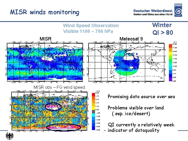 MISR winds monitoring Winter QI > 80 Wind Speed Observation Visible 1100 – 700