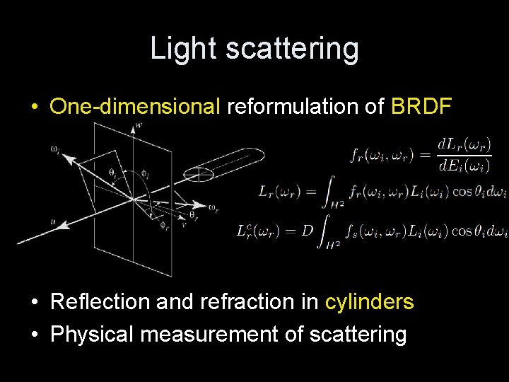 Light scattering • One-dimensional reformulation of BRDF • Reflection and refraction in cylinders •