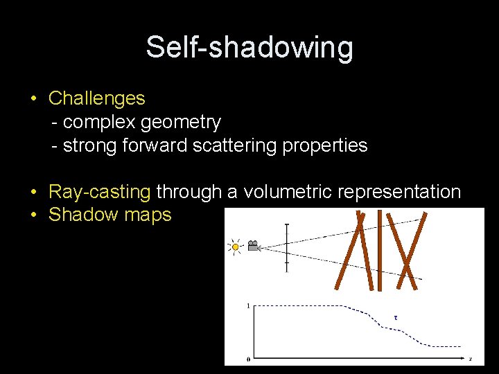 Self-shadowing • Challenges - complex geometry - strong forward scattering properties • Ray-casting through