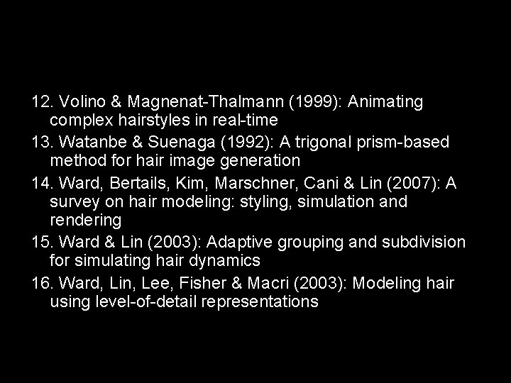 12. Volino & Magnenat-Thalmann (1999): Animating complex hairstyles in real-time 13. Watanbe & Suenaga