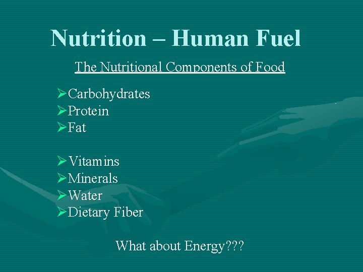 Nutrition – Human Fuel The Nutritional Components of Food ØCarbohydrates ØProtein ØFat ØVitamins ØMinerals