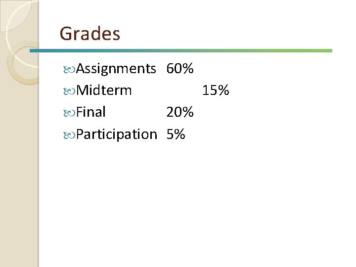 Grades Assignments 60% Midterm Final 20% Participation 5% 15% 