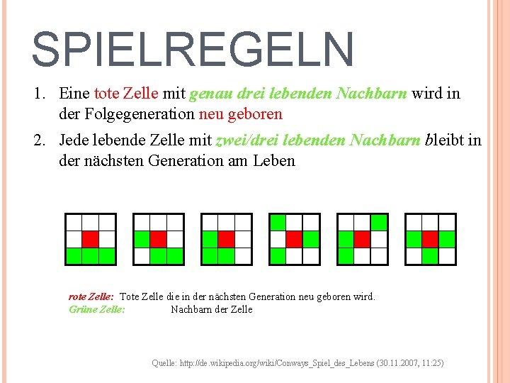 SPIELREGELN 1. Eine tote Zelle mit genau drei lebenden Nachbarn wird in der Folgegeneration