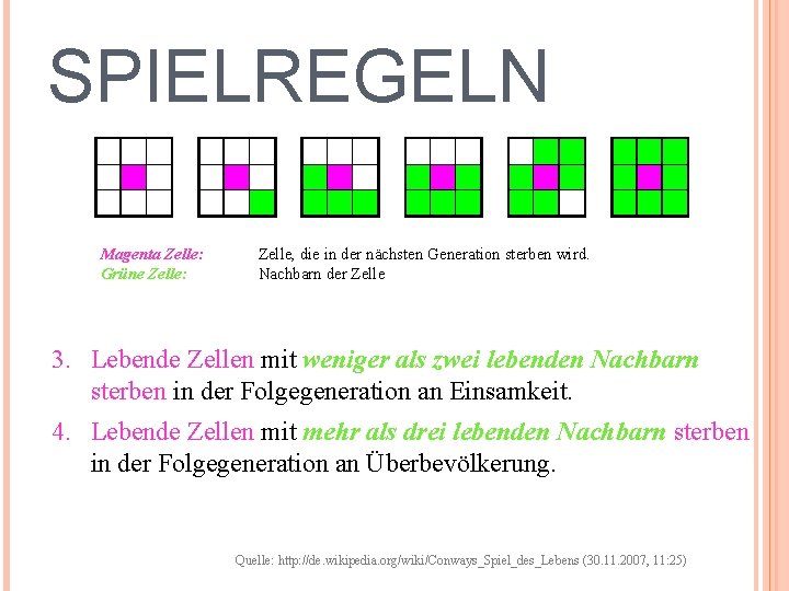 SPIELREGELN Magenta Zelle: Grüne Zelle: Zelle, die in der nächsten Generation sterben wird. Nachbarn