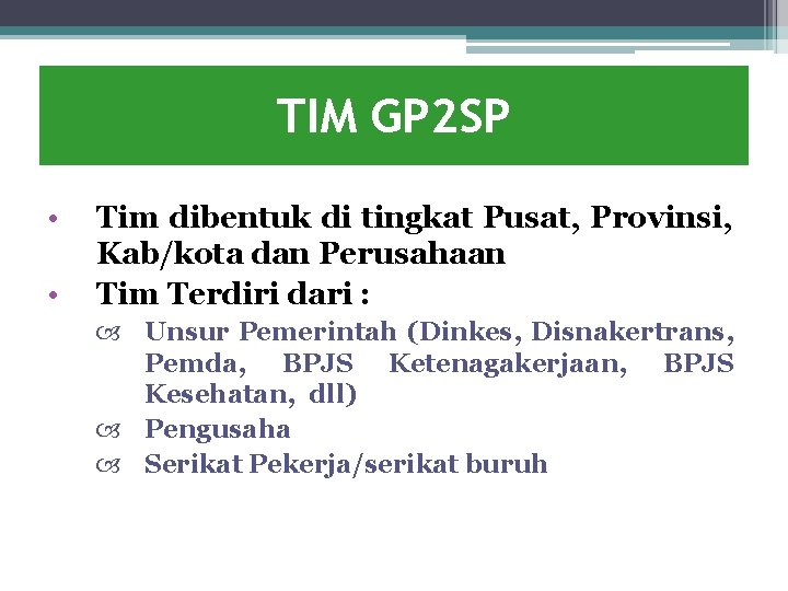 TIM GP 2 SP • • Tim dibentuk di tingkat Pusat, Provinsi, Kab/kota dan