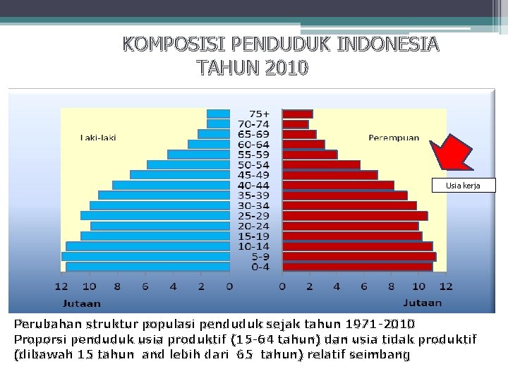 KOMPOSISI PENDUDUK INDONESIA TAHUN 2010 Usia kerja Perubahan struktur populasi penduduk sejak tahun 1971