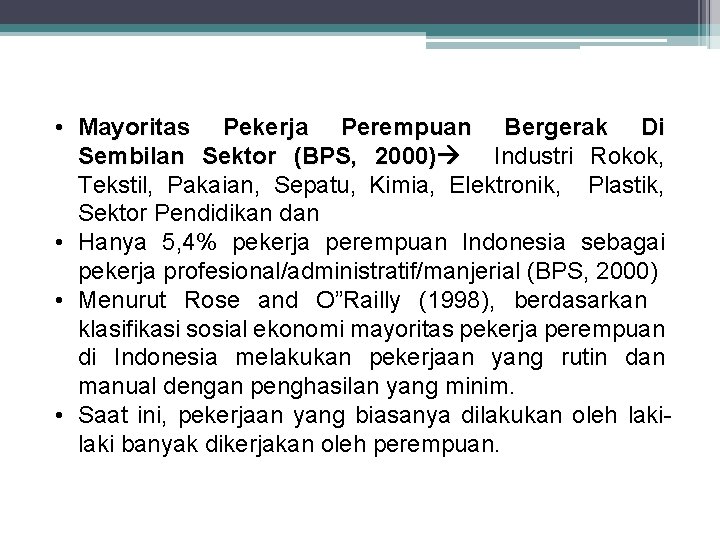  • Mayoritas Pekerja Perempuan Bergerak Di Sembilan Sektor (BPS, 2000) Industri Rokok, Tekstil,