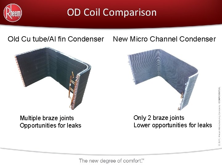 OD Coil Comparison Old Cu tube/Al fin Condenser Multiple braze joints Opportunities for leaks