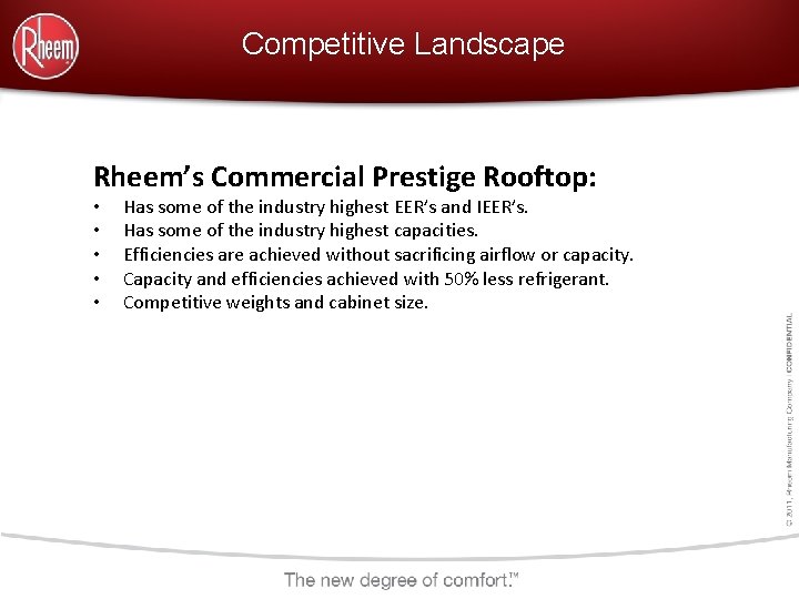 Competitive Landscape Rheem’s Commercial Prestige Rooftop: • • • Has some of the industry