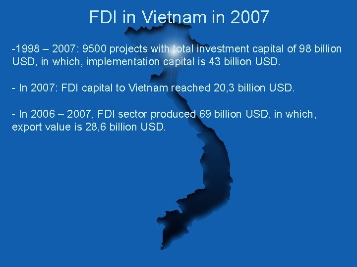 FDI in Vietnam in 2007 -1998 – 2007: 9500 projects with total investment capital