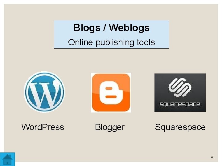 Blogs / Weblogs Online publishing tools Word. Press Blogger Squarespace 21 