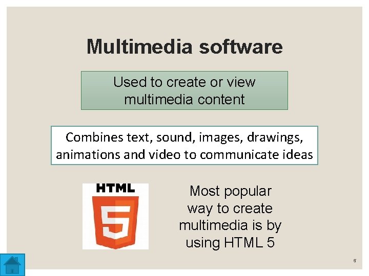 Multimedia software Used to create or view multimedia content Combines text, sound, images, drawings,
