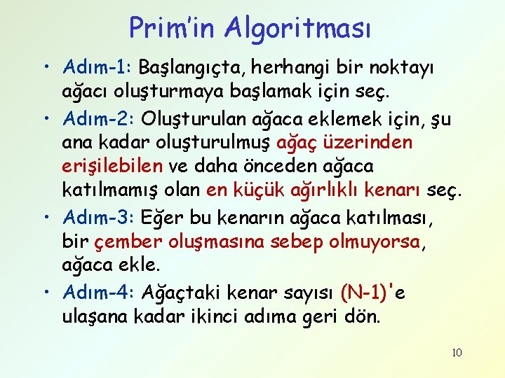 Prim’in Algoritması • Adım-1: Başlangıçta, herhangi bir noktayı ağacı oluşturmaya başlamak için seç. •