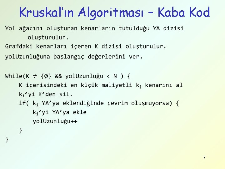 Kruskal’ın Algoritması – Kaba Kod • 7 