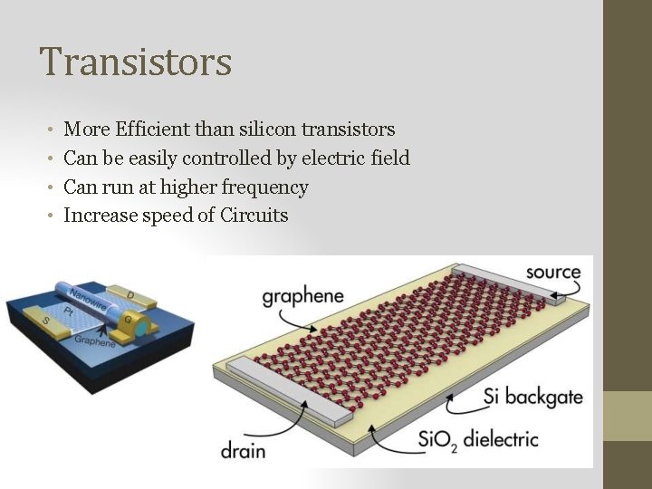 Transistors • • More Efficient than silicon transistors Can be easily controlled by electric