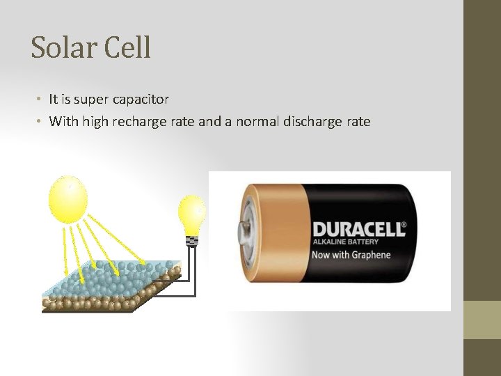 Solar Cell • It is super capacitor • With high recharge rate and a