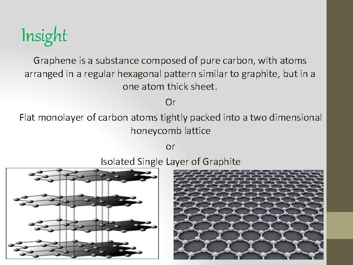 Insight Graphene is a substance composed of pure carbon, with atoms arranged in a