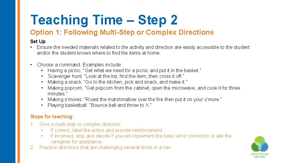 Teaching Time – Step 2 Option 1: Following Multi-Step or Complex Directions Set Up