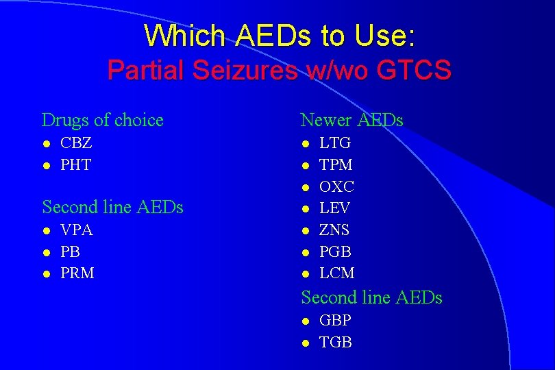 Which AEDs to Use: Partial Seizures w/wo GTCS Drugs of choice l l CBZ