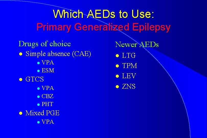 Which AEDs to Use: Primary Generalized Epilepsy Drugs of choice l Simple absence (CAE)