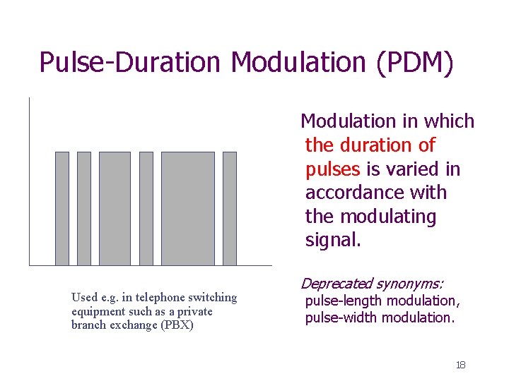 Pulse-Duration Modulation (PDM) Modulation in which the duration of pulses is varied in accordance