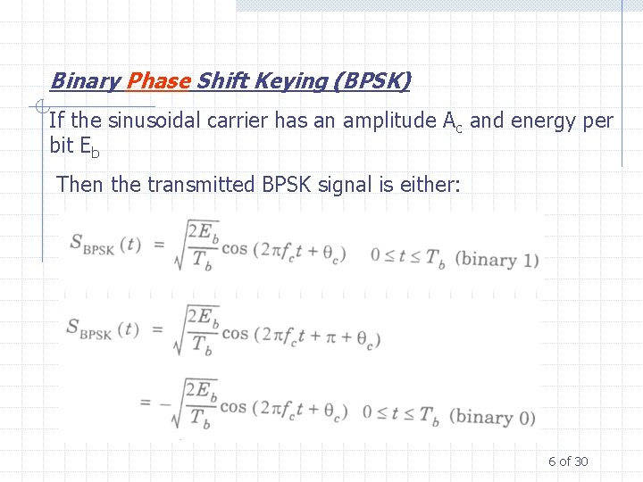 Binary Phase Shift Keying (BPSK) If the sinusoidal carrier has an amplitude Ac and