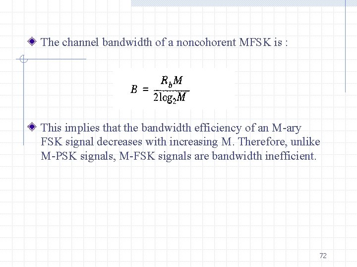 The channel bandwidth of a noncohorent MFSK is : This implies that the bandwidth