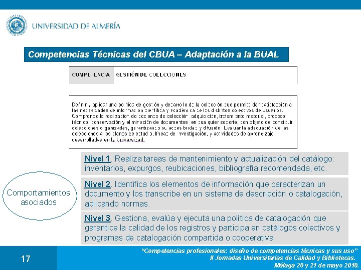 Competencias Técnicas del CBUA – Adaptación a la BUAL Nivel 1. Realiza tareas de