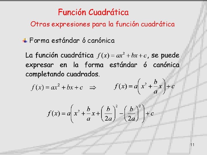 Otras expresiones para la función cuadrática Forma estándar ó canónica 11 