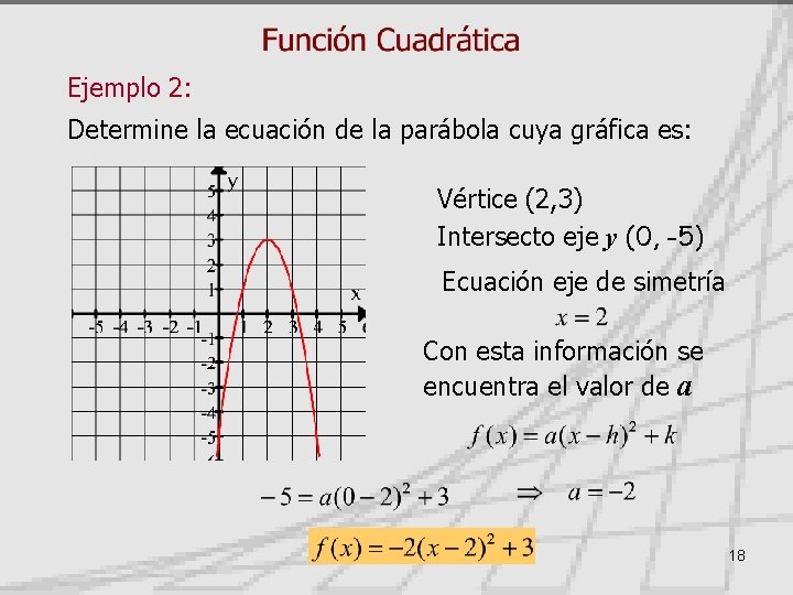 Ejemplo 2: Determine la ecuación de la parábola cuya gráfica es: Vértice (2, 3)