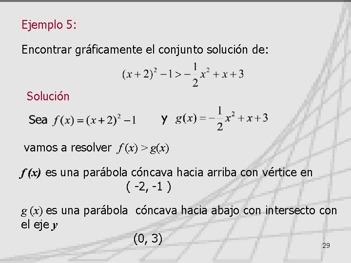 Ejemplo 5: Encontrar gráficamente el conjunto solución de: Solución vamos a resolver f (x)