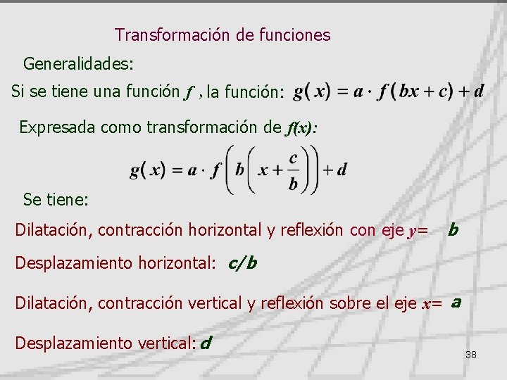 Transformación de funciones Generalidades: Si se tiene una función f , la función: Expresada
