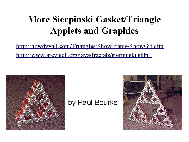 More Sierpinski Gasket/Triangle Applets and Graphics http: //howdyyall. com/Triangles/Show. Frame/Show. Gif. cfm http: //www.