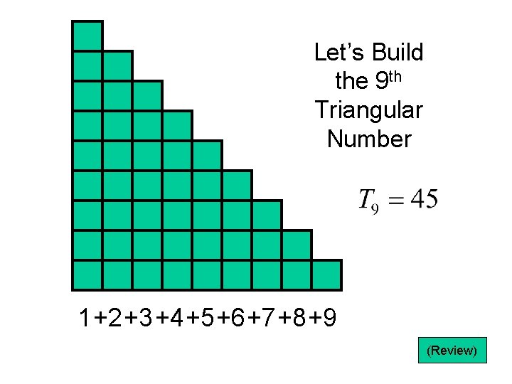 Let’s Build the 9 th Triangular Number 1+2 +3 +4 +5 +6 +7 +8