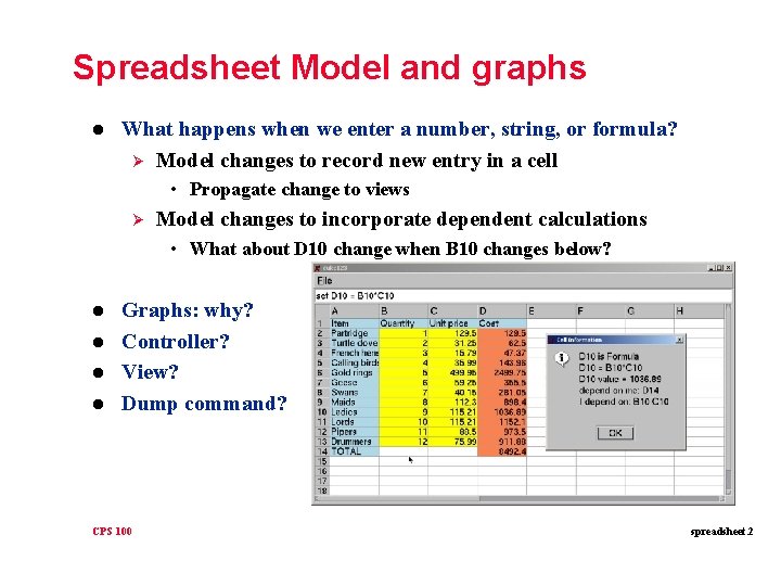 Spreadsheet Model and graphs l What happens when we enter a number, string, or
