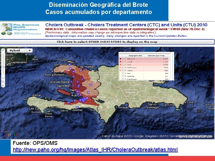 Diseminación Geográfica del Brote Casos acumulados por departamento Fuente: OPS/OMS http: //new. paho. org/hq/images/Atlas_IHR/Cholera.