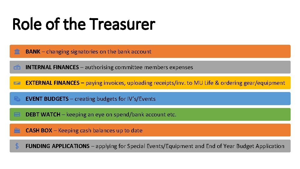 Role of the Treasurer BANK – changing signatories on the bank account INTERNAL FINANCES