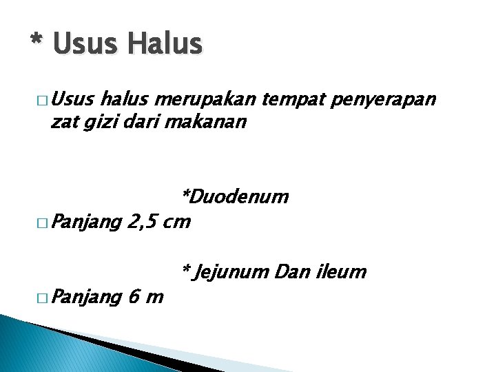 * Usus Halus � Usus halus merupakan tempat penyerapan zat gizi dari makanan *Duodenum