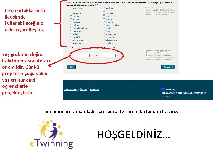 Proje ortaklarınızla iletişimde kullanabileceğiniz dilleri işaretleyiniz. Yaş grubunu doğru belirtmeniz son derece önemlidir. Çünkü