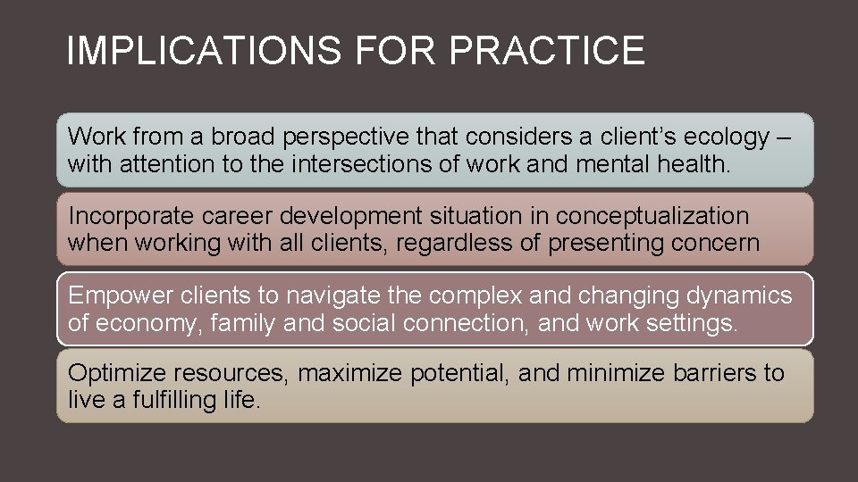 IMPLICATIONS FOR PRACTICE Work from a broad perspective that considers a client’s ecology –