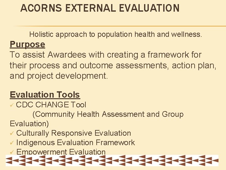 ACORNS EXTERNAL EVALUATION Holistic approach to population health and wellness. Purpose To assist Awardees