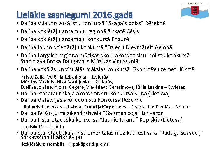 Lielākie sasniegumi 2016. gadā • Dalība V Jauno vokālistu konkursā “Skaņais bolss” Rēzeknē •