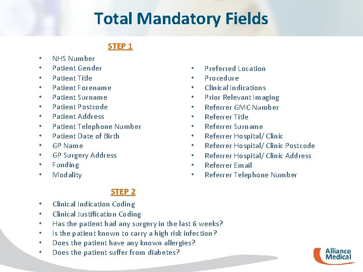 Total Mandatory Fields STEP 1 • • • • NHS Number Patient Gender Patient