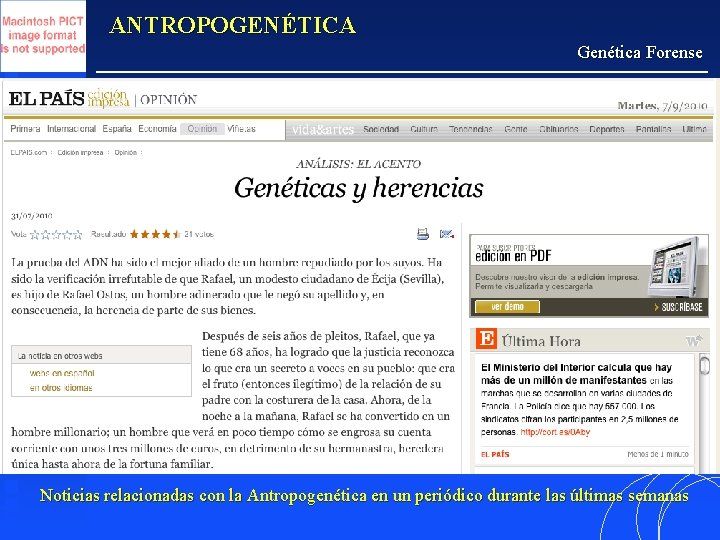 ANTROPOGENÉTICA Genética Forense Noticias relacionadas con la Antropogenética en un periódico durante las últimas