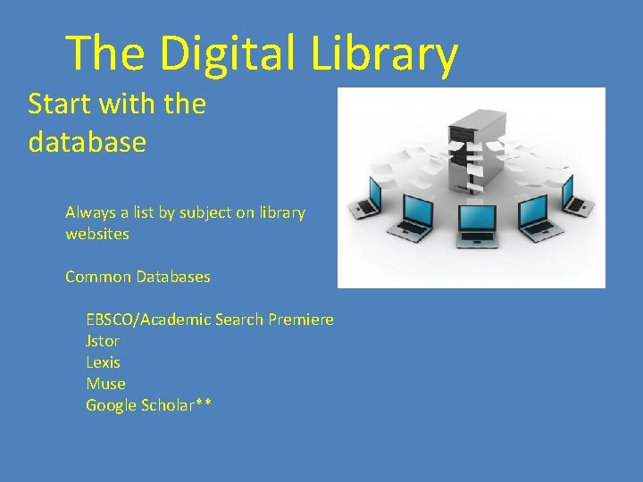 The Digital Library Start with the database Always a list by subject on library